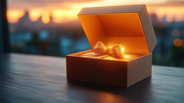 Open gift box with golden ribbon on wooden table against sunset cityscape.