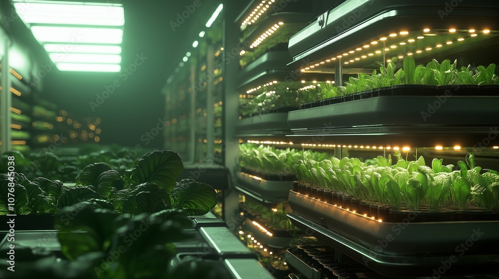 Poster a futuristic vertical farm with rows of vegetables growing in stacked hydroponic trays. glowing led 