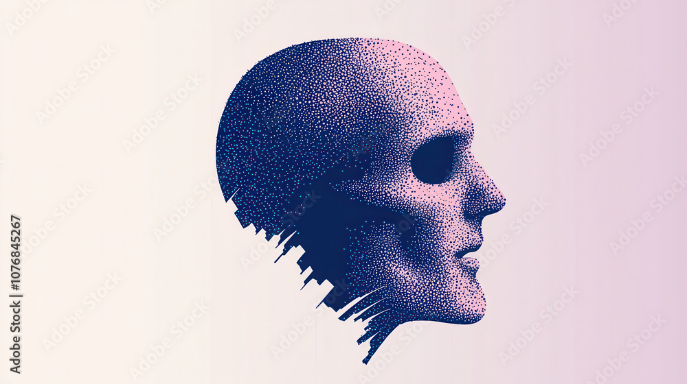 Poster stylized illustration of human skull in profile view, featuring gradient background. design uses dot