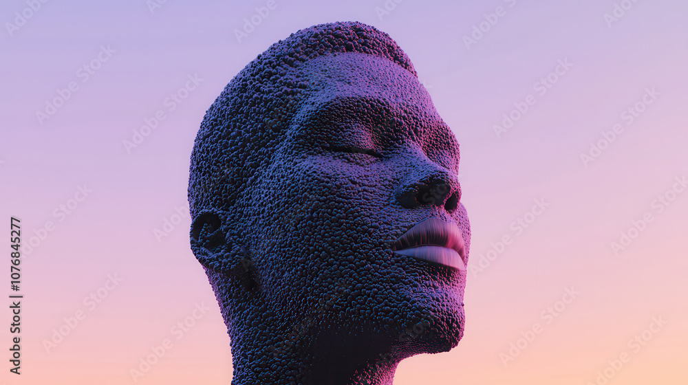 Poster serene, textured face with closed eyes against gradient sky. artwork evokes sense of calm and intros