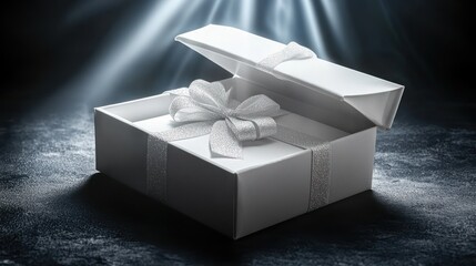 Open white gift box with a white ribbon on a dark background with spotlight.