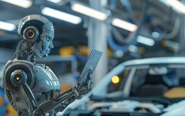 Fototapeta premium Futuristic mechanic cyborg robot working in car service. Modern automated auto industry. Robotic AI assistant in garage, smart helper, intelligent companion. Machine learning, innovation concept