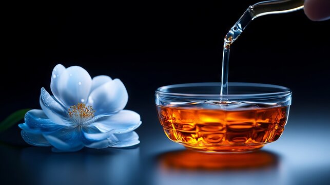A person pouring tea into a glass bowl with a flower in the background