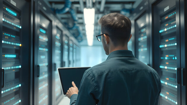 IT Engineer Standing Beside Open Server Rack Cabinets, Does Wireless Maintenance and Diagnostics Procedure with a Laptop.