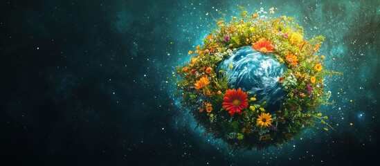 Fototapeta premium Earth surrounded by flowers against a dark blue cosmic background.