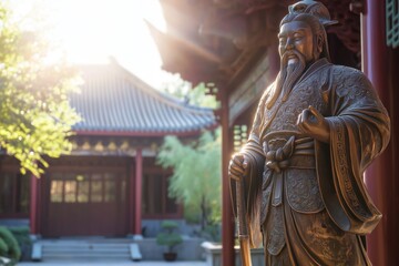 Obraz premium Bronze statue of the deity Wei Tuo, holding a sword in a temple courtyard