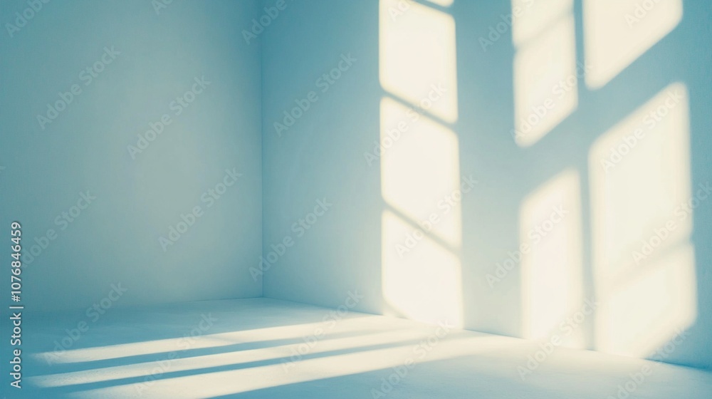 Poster soft sunlight streams through a window, casting geometric shadows on a minimalist white room, creati