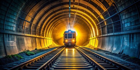 Obraz premium Stunning Drone Photography of a Bright Yellow Train Emerging from a Dimly Lit Tunnel, Capturing the Dynamic Contrast of Light and Shadows in an Enigmatic Perspective View