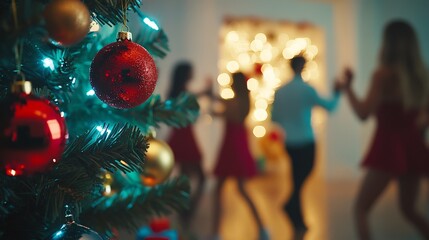 Festive christmas party with friends dancing near decorated tree