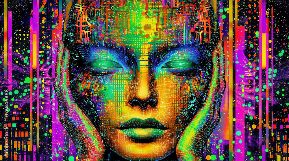 Poster vibrant cyberpunk scene featuring colorful, abstract face with digital patterns and glowing elements