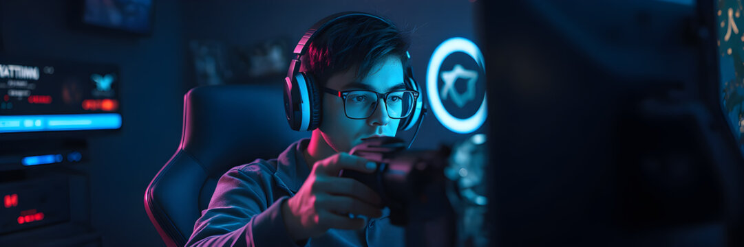 Portrait of a  Gamer play game Online Video Game on Personal Computer.