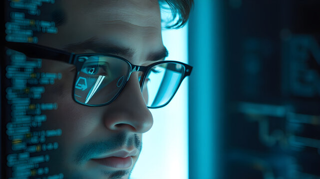 Focused developer coder wears glasses working on computer looking at programming code data