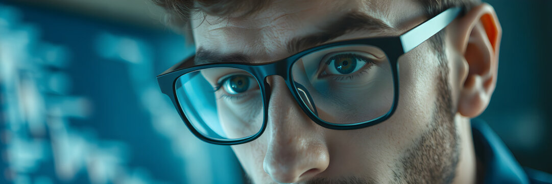Focused developer coder wears glasses working on computer looking at programming code data