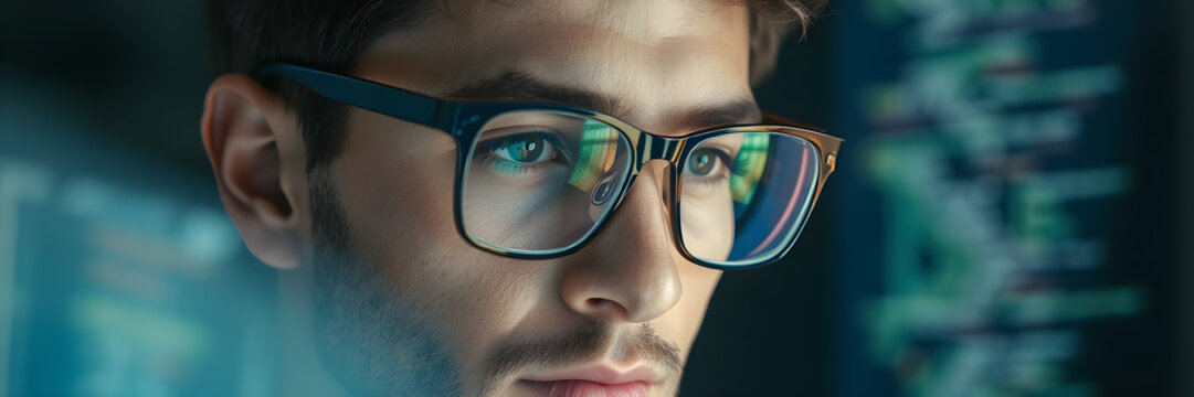 Focused developer coder wears glasses working on computer looking at programming code data.