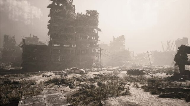 The remnants of a city lay in ruin, heavily damaged by military engagement. Buildings are reduced to skeletal frames, surrounded by debris and overgrown vegetation, depicting utter destruction.