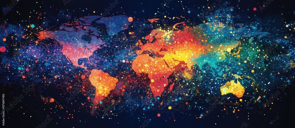 Poster abstract world map with colorful lights and dots on a black background.