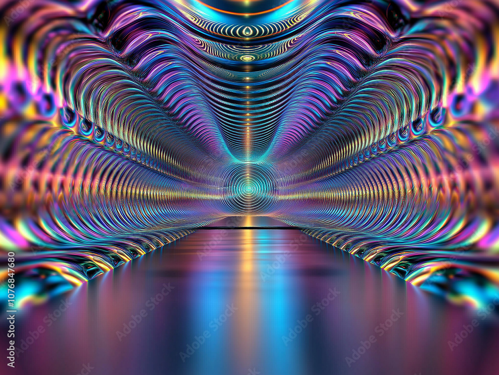 Poster a vibrant, abstract tunnel of colors and reflections, creating a mesmerizing depth and optical illus