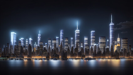 Obraz premium A city skyline, likely New York City, with tall buildings reflected in the water at twilight.