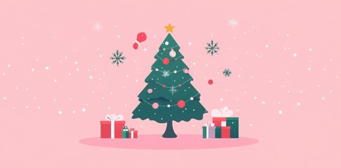 Naklejka premium Christmas-themed elements, including a Christmas tree and decorations, a Santa hat and gloves, presents, a wreath, holly leaves on a pink background