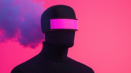 futuristic figure with black helmet and pink visor against vibrant pink background, evoking cyberpunk aesthetic