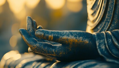 Close-up of Buddha statue's hands in mudra position
