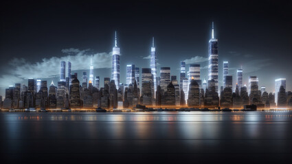 Fototapeta premium A city skyline, likely New York City, with tall buildings reflected in the water at twilight.