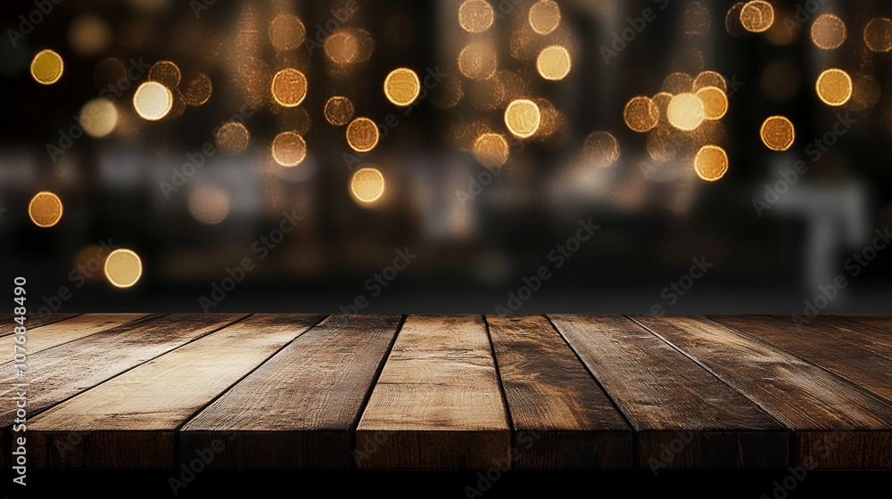 Poster rustic wooden table surface with warm, glowing bokeh lights in the background, creating a cozy and f