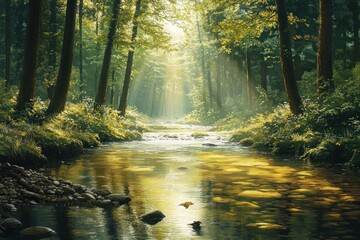 Obraz premium A Sunlit River Winding Through a Lush Forest