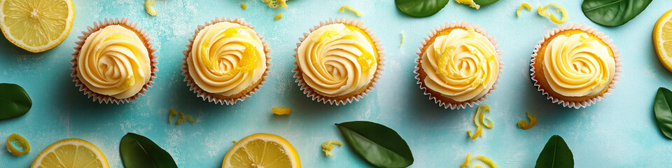 Delicious freshly baked lemon cupcakes with cream frosting and citrus garnishes on a vibrant blue surface. Generative AI