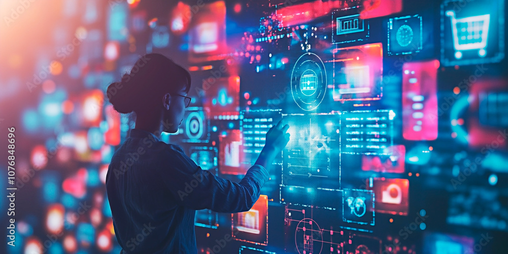 Poster woman interacting with futuristic digital interface. future of network with high-tech holographic in