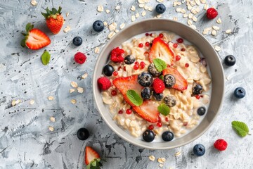 Bowl of oatmeal porridge served with berries on light grey table  top view