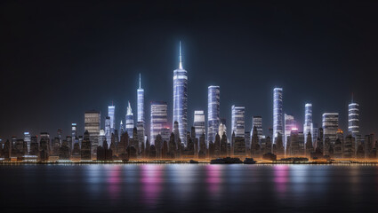 Obraz premium A city skyline, likely New York City, with tall buildings reflected in the water at twilight.