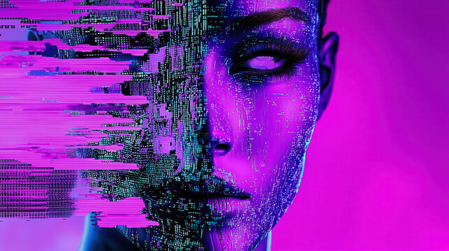 vibrant cyberpunk portrait featuring digital face with glitch effects, showcasing blend of technology and human emotion. colors are striking and futuristic