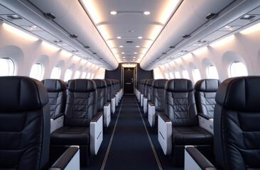 Obraz premium A spacious airplane cabin features black leather seats arranged in neat rows, creating an inviting atmosphere