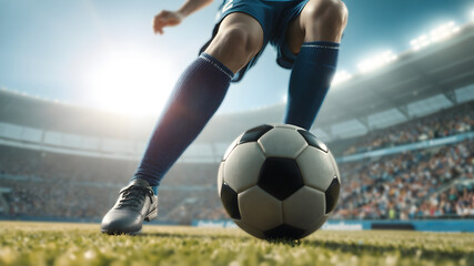 Fototapeta premium Close up of soccer player feet shooting a ball with powerful toward a goal while playing on a stadium.