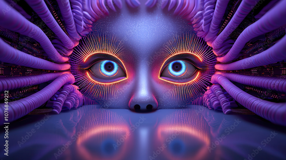 Poster futuristic digital face with vibrant neon colors and intricate patterns, showcasing cyberpunk aesthe