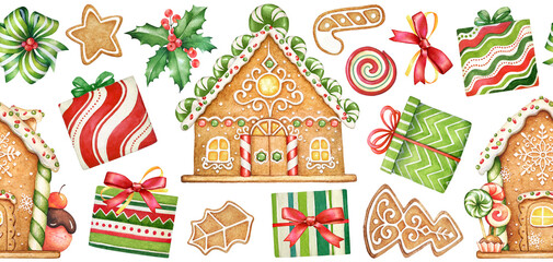 Seamless pattern with watercolor gingerbread cookies and houses, candies, bows and gift boxes