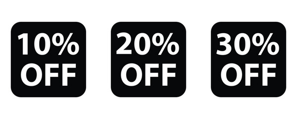 Ten to thirty percent discount icon vector, shopping discount numbers with 10, 20, 30  percent off vector illustration isolated on white background.