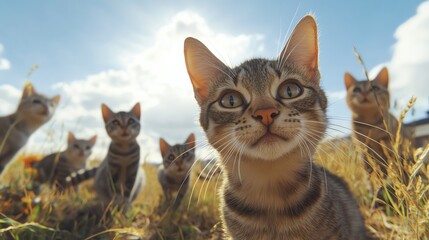 Cats of various types exploring and playing in a bright field on a sunny day