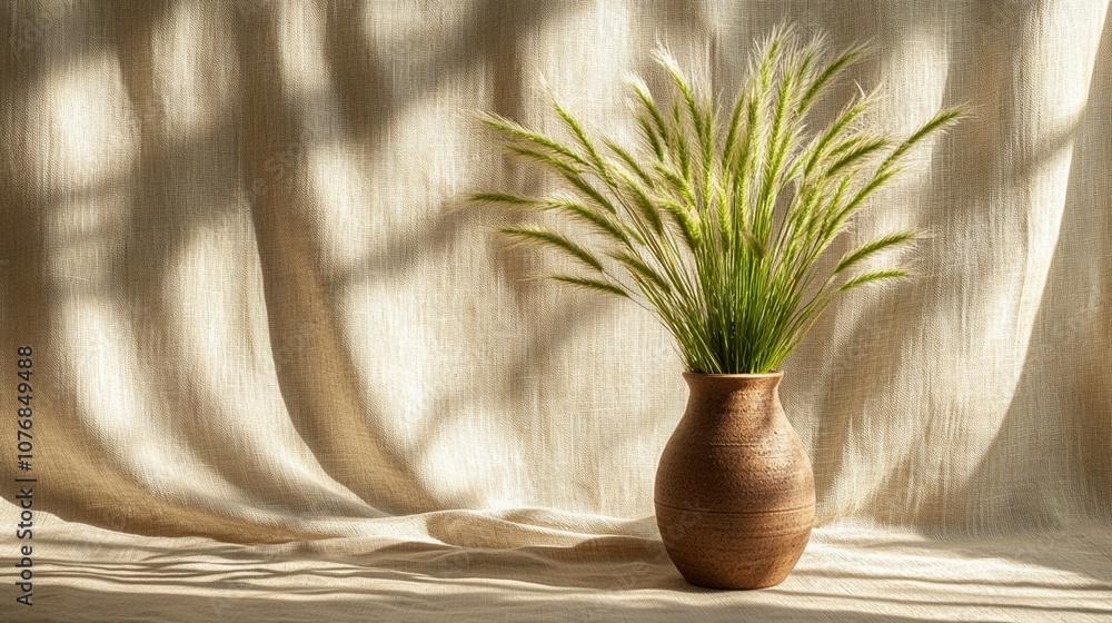 Poster elegant grass plant in rustic clay vase casting intricate shadows on light fabric backdrop, creating