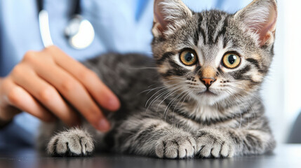 Veterinary services scene with a vet examining a cat on an exam table in a bright, friendly clinic