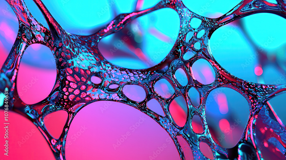 Poster vivid, hyper realistic image of cells with deep blues and vibrant pinks, showcasing intricate patter