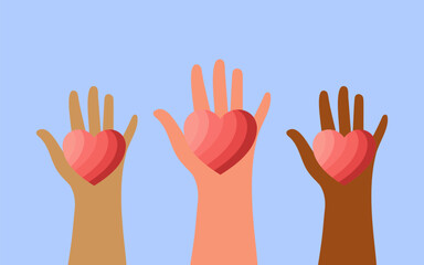 Red heart in the hands of people of different nationalities, raised up on a light blue background. Vector.