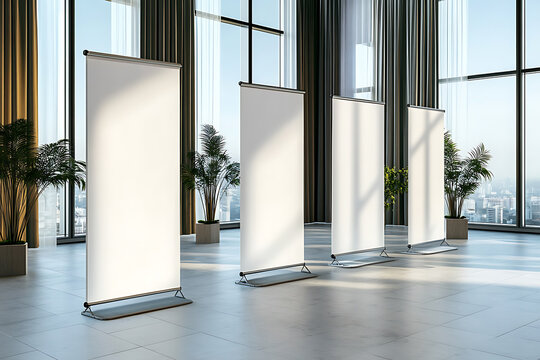 Empty roll-up banners in a modern exhibition space with curtains and large windows. 3D Rendering