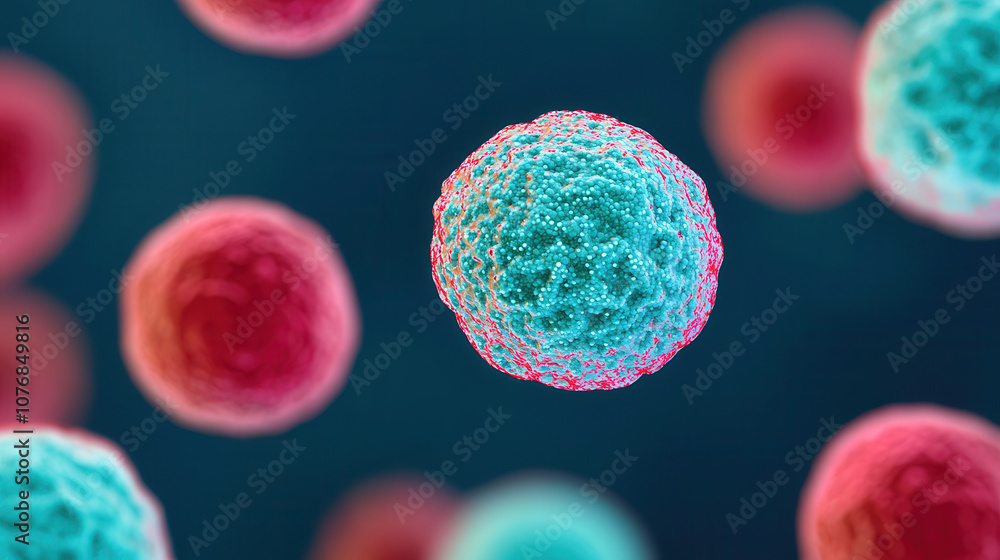 Poster vivid microscopic view of colorful cells in deep blues and reds, showcasing intricate details and te