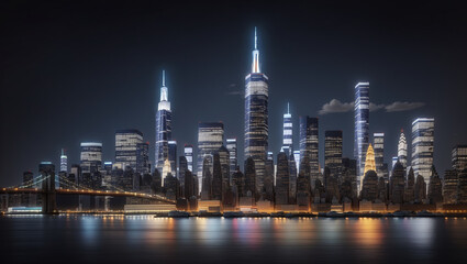 Fototapeta premium A city skyline, likely New York City, with tall buildings reflected in the water at twilight.