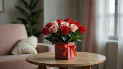 Obraz premium Bouquet of flowers and gift for Valentine's Day on table near armchair in interior of room