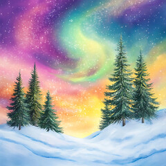 Breathtaking winter landscape with evergreen trees under a vibrant aurora borealis sky filled with swirling colors and sparkling snowflakes in a tranquil setting
