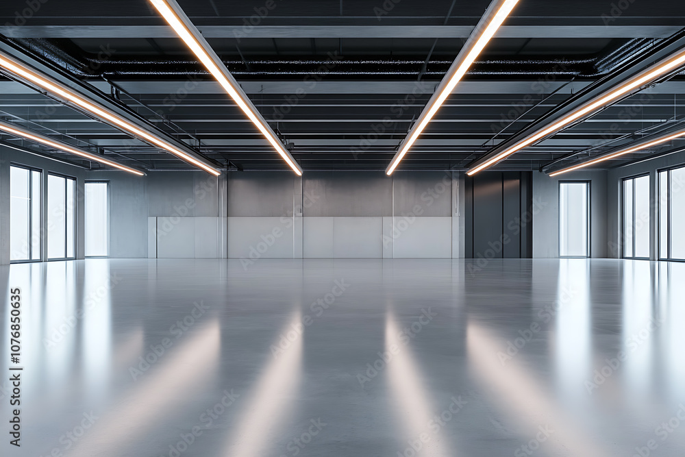 Poster industrial design project empty hall with led lights on top, grey walls and glossy concrete floor. 3
