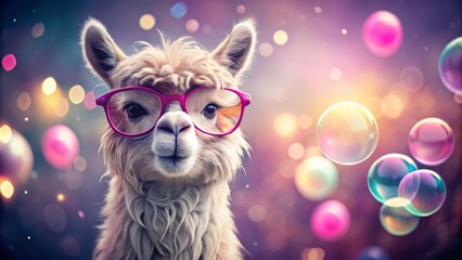 Naklejka premium Stylish Alpaca Blowing Bubble Gum While Wearing Pink Glasses Against a Soft Bokeh Background, Perfect for Whimsical and Fun-Themed Stock Photography Collections